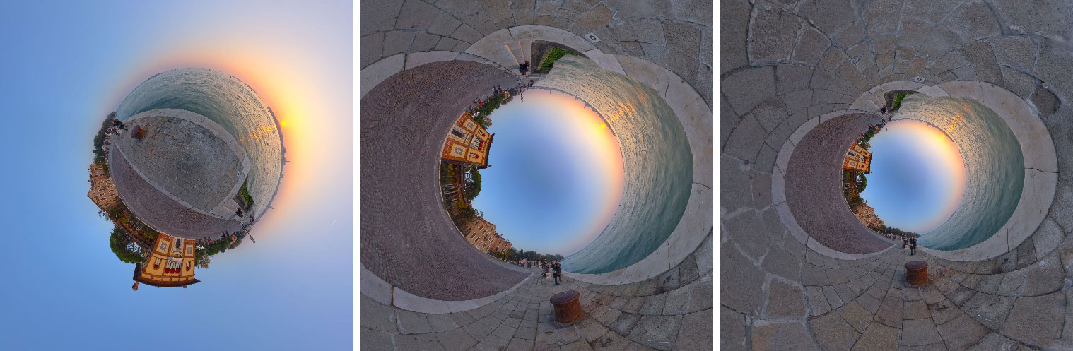3 different Tiny Planets from the one 360 photo