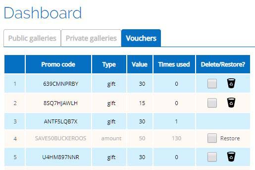 gift vouchers in the dashboard